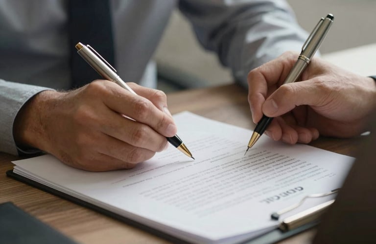 A focused shot of a person's hands signing a financial contract with a high-end pen in a professional North American setting, with soft natural lighting.