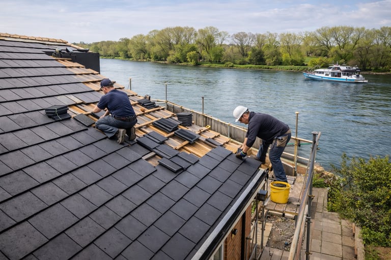 Shepperton Roofing installing a new roof on a riverside property in Shepperton