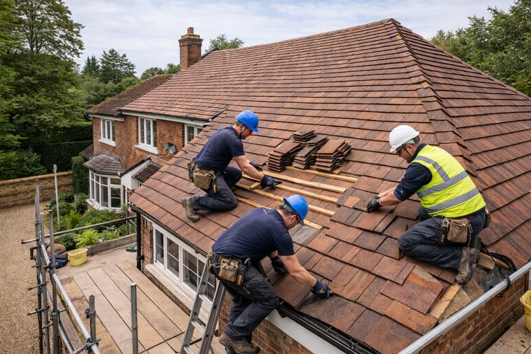 Roofers repairing a roof in Esher