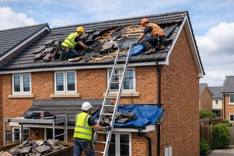 Shepperton Roofing repairing storm damage to a house in Shepperton