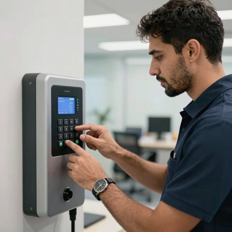 Professional technician in a corporate uniform installing a digital keypad for an electronic parking system, Middle Eastern / Gulf office environment.