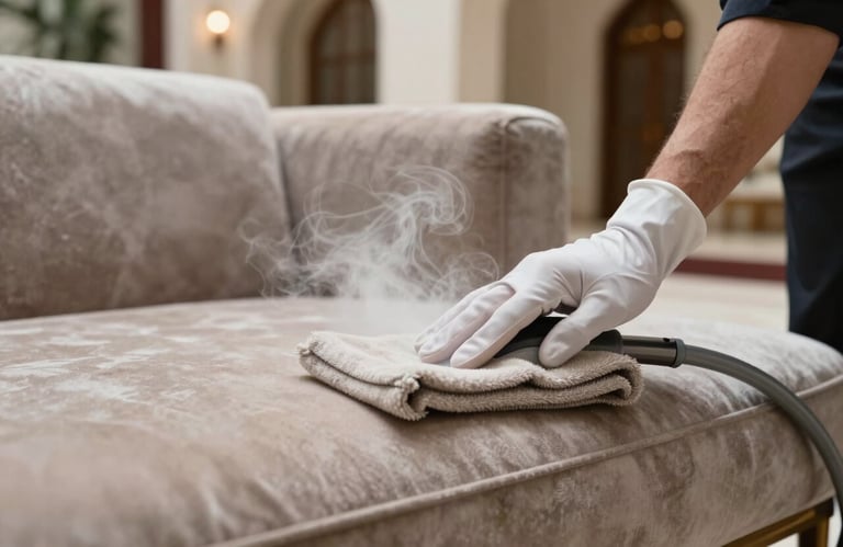 Close-up of hands in white gloves carefully steam-cleaning a luxury velvet sofa in a Gulf-style villa interior, elegant soft lighting.