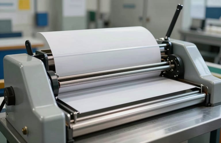 Detailed shot of a professional heavy-duty paper cutter in action in a North American shop. The metal is polished and clean, reflecting a sterile and precise medical-industry standard, with soft natural light.
