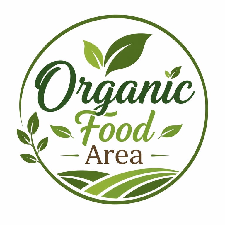 Circular green Organic Food Area logo featuring fresh leaves and rolling farm fields.
