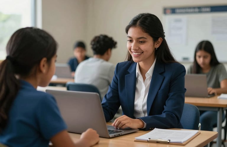 A friendly student advisor in a South American educational hub, assisting a student with technological resources, warm and professional atmosphere with steel blue tones.