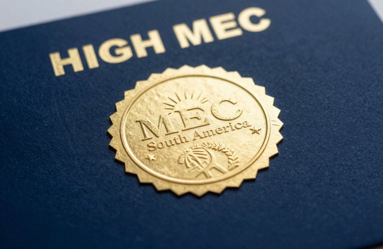 A close-up of a certificate with a gold seal on a dark blue background, representing the high MEC evaluation grade and academic excellence in South America.
