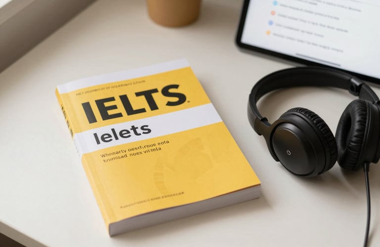 A minimalist study space featuring an IELTS textbook, a pair of noise-canceling headphones, and a tablet with language learning apps. Soft, warm lighting with #B3A38C gold highlights.