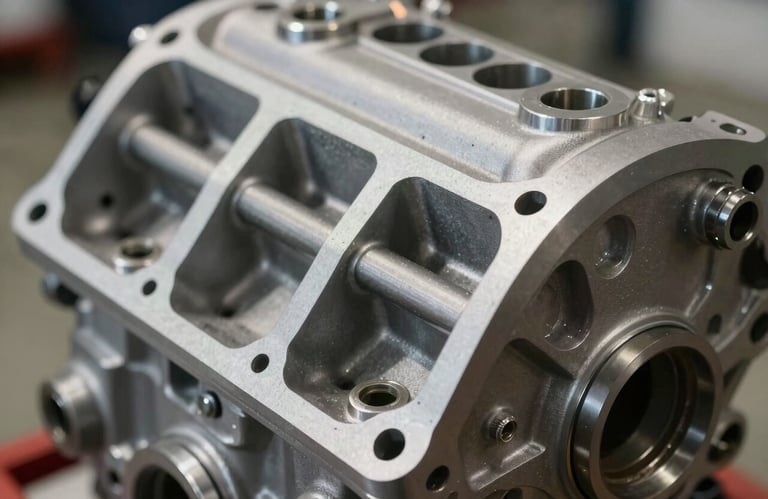 Macro shot of a high-performance engine component with metallic silver textures and clean dark shadows.