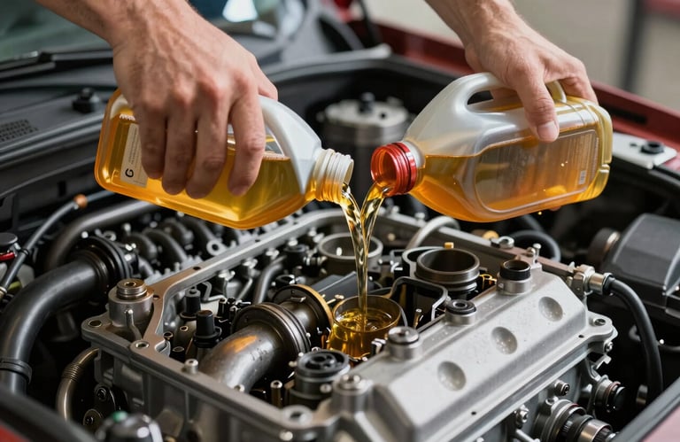 Professional mechanic hands pouring fresh, golden engine oil into a clean modern engine intake.