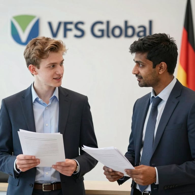 A friendly consultant helping a client with paperwork in a cozy office setting.