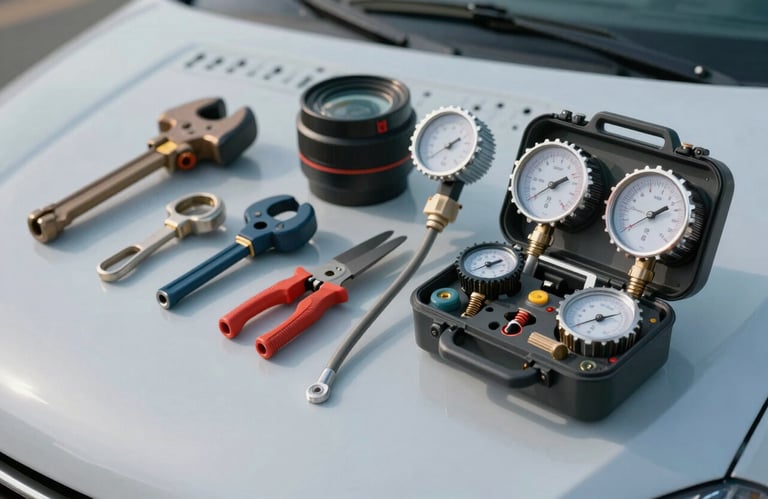 A set of high-quality professional HVAC tools and a manifold gauge set arranged neatly on a sky blue mist surface in a North American / US service van.