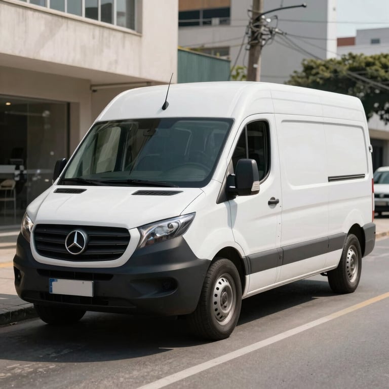 A clean, modern white delivery van with subtle navy accents parked on a well-lit street in a Brazilian urban area. Daylight, professional setting. América do Sul / Brasileiro.
