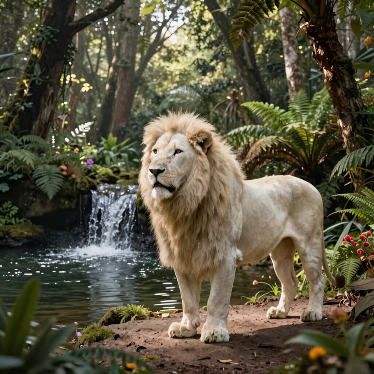 A majestic white lion standing by a tropical waterfall in a lush jungle setting.