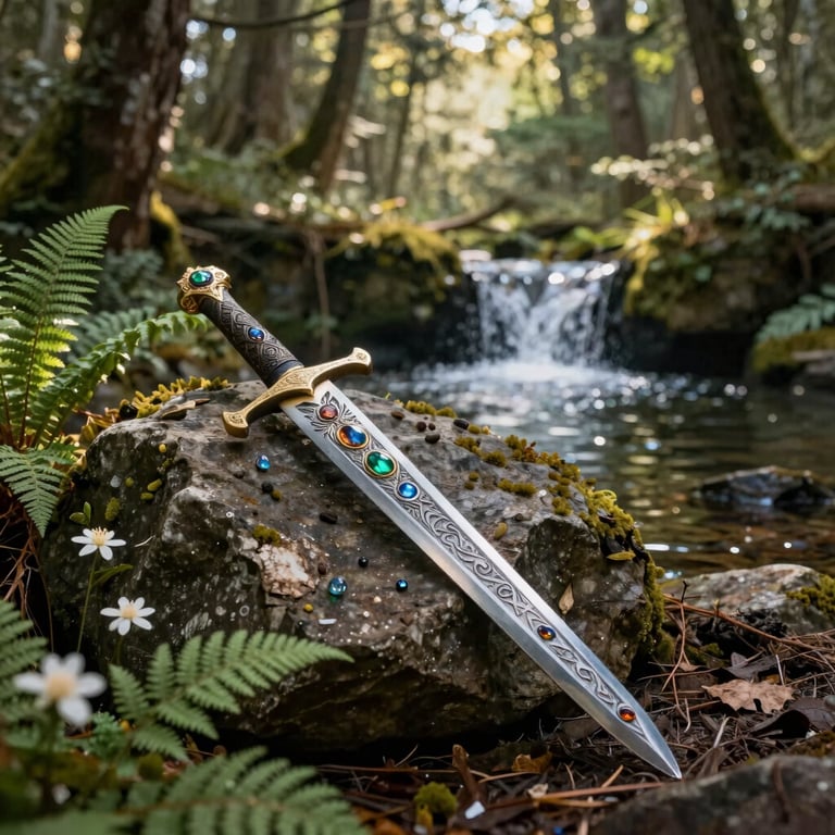 Ornate fantasy sword with colorful gemstones resting on a mossy rock near a forest waterfall.