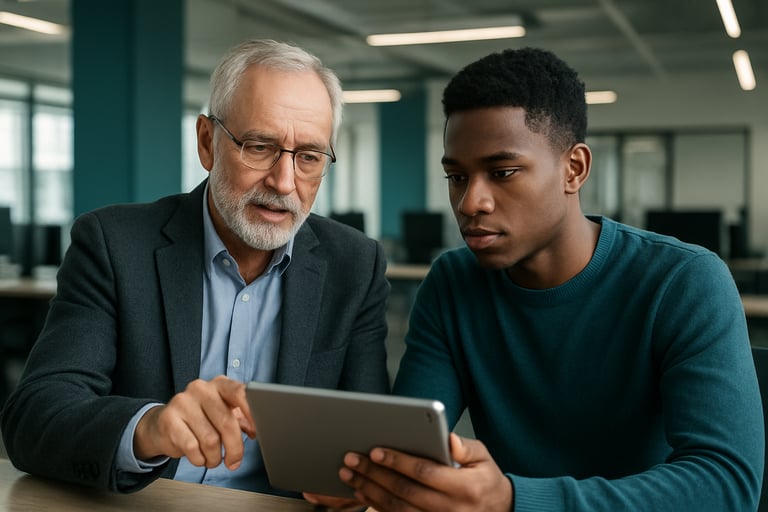 A senior tech professional mentoring a young adult in a high-tech North American office setting. They are looking at a tablet together, emphasizing knowledge transfer, inclusion, and high standards in a professional teal and off-white environment.