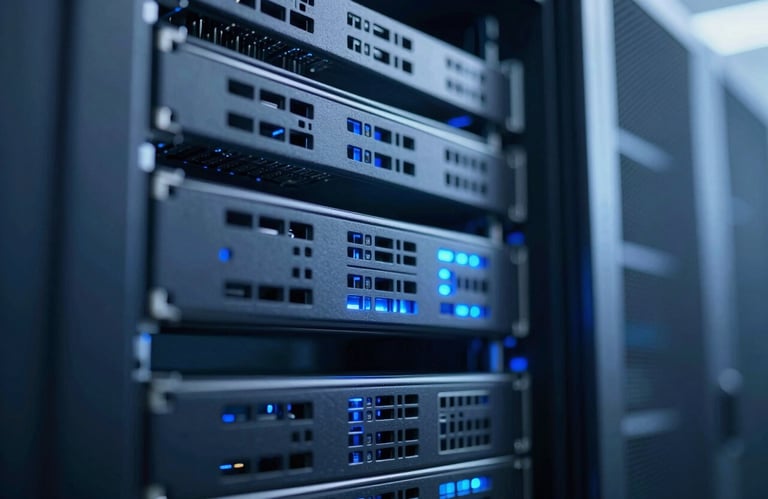 A close-up of a high-tech server rack with blue glowing lights, representing a stable and secure digital infrastructure using the palette #1C2E4A and #2E6A8A.