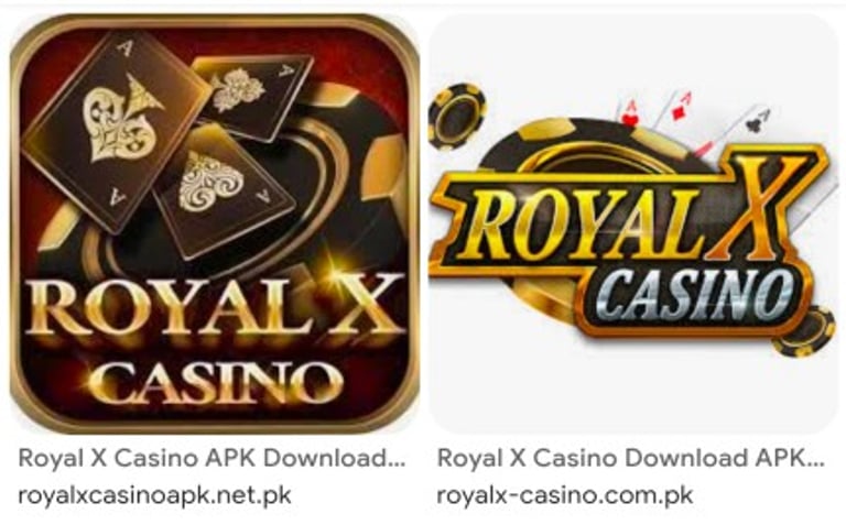 Royal X Casino app icons featuring playing cards, poker chips, and gold typography for APK download.