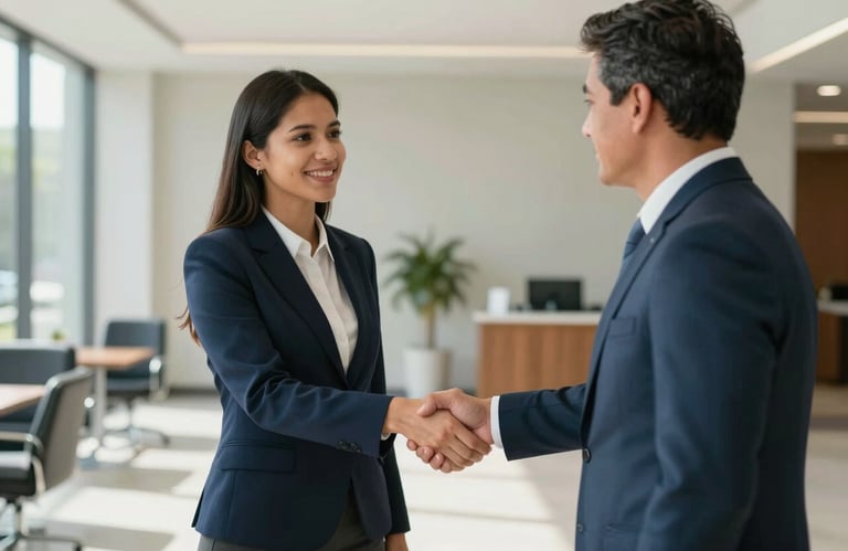 A South American lawyer shaking hands with a client in a sunlit, modern office lobby, conveying empathy, trust, and a professional partnership, palette of blue and mist.