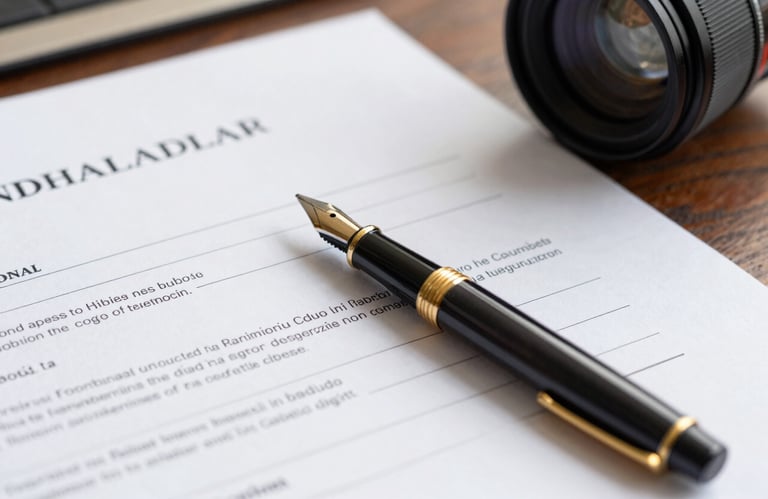 Close-up of legal documents and a classic fountain pen on a desk, representing precision in civil and labor law, South American professional setting, clean and bright lighting.