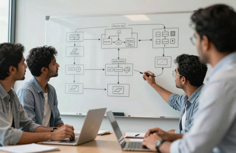 A team of South Asian developers in a modern boardroom collaborating around a whiteboard filled with flowcharts and system architecture diagrams.