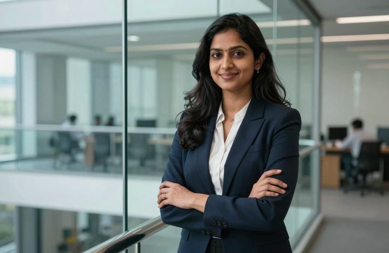 A professional South Asian woman engineer standing in a high-tech glass office in Chennai, smiling confidently, dressed in modern corporate attire.