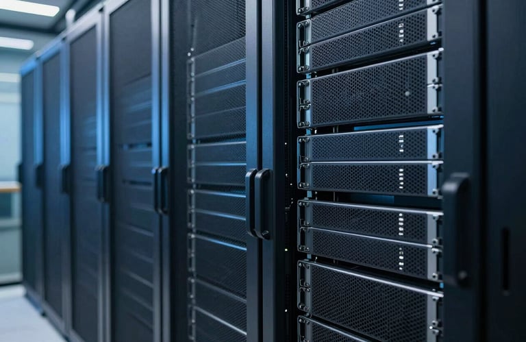 Professional photography of modern data center server racks with soft blue lighting, representing technological security and data infrastructure.