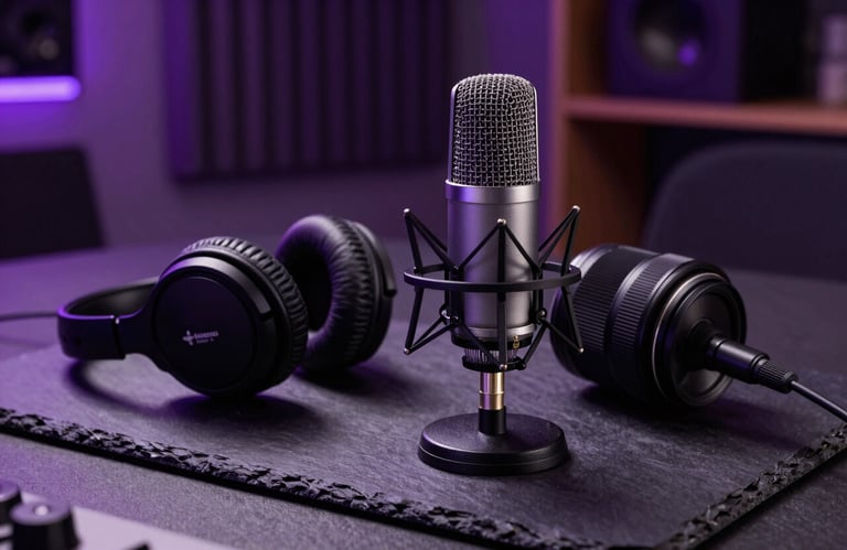 Close-up of high-quality podcast equipment (microphone and headphones) on a dark slate desk in a European / Parisian French studio. Moody lighting with elegant purple glows.
