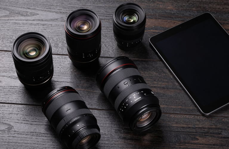 A sophisticated flat-lay photography of high-end camera lenses and a professional tablet on a Dark Charcoal wooden desk. High-contrast lighting highlights the textures in a North American studio.
