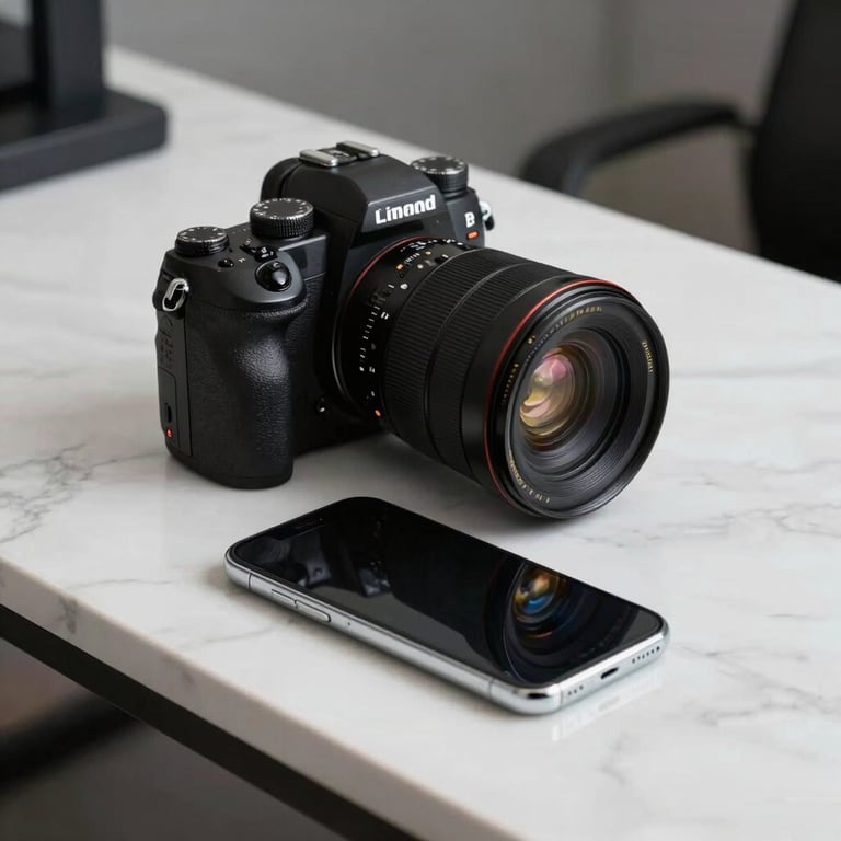 A high-end professional camera and a sleek mobile phone sitting on a polished white marble desk in a North American creative studio.