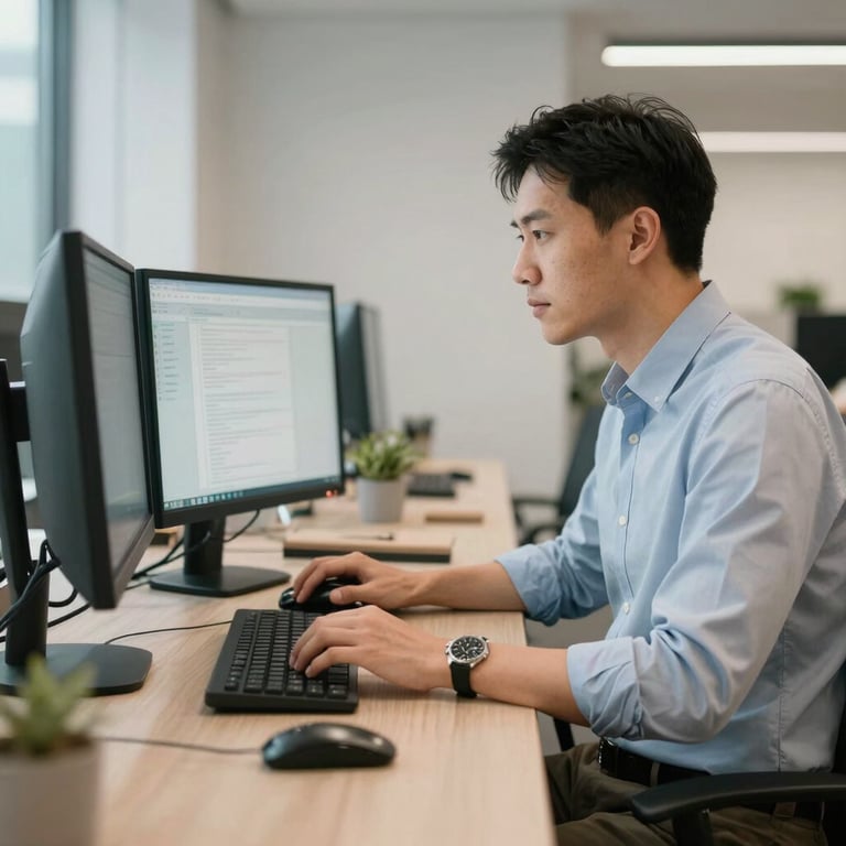A professional in business-casual attire working at a sophisticated dual-monitor workstation in a clean, modern North American office.
