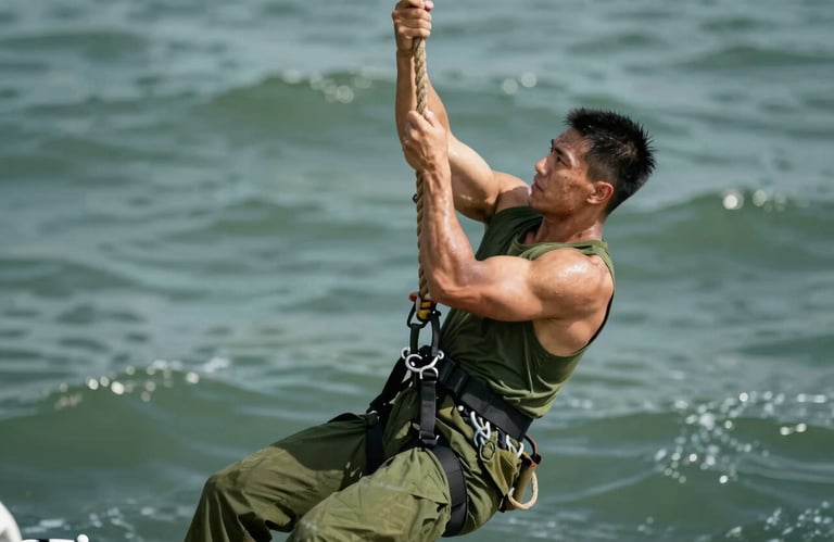 Action shot of a marine climbing a combat rope, intense muscle detail, outdoor sunlight with high contrast and military green #3E544D vibes.