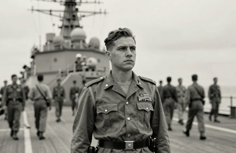 Historical black and white photograph of original Brazilian Marines on a naval deck, restored with a slight #8D9D95 sage tint, inspiring and authoritative.