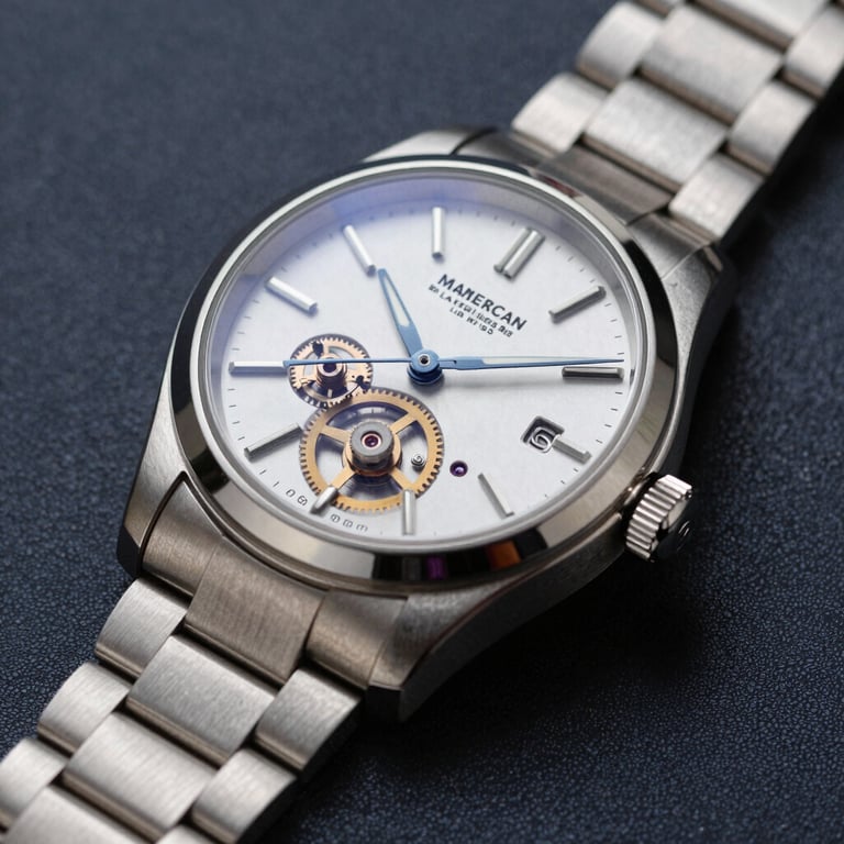 A macro photograph of a classic, high-end silver mechanical watch resting on a dark navy surface. The lighting is focused and dramatic, highlighting the intricate gears. North American luxury style, conveying stability.