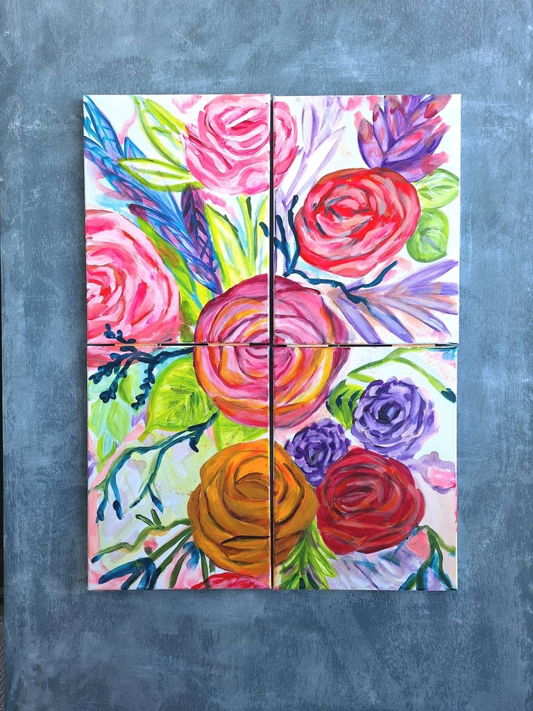 Four-panel abstract floral acrylic painting featuring vibrant pink, red, and yellow roses on a grey wall.