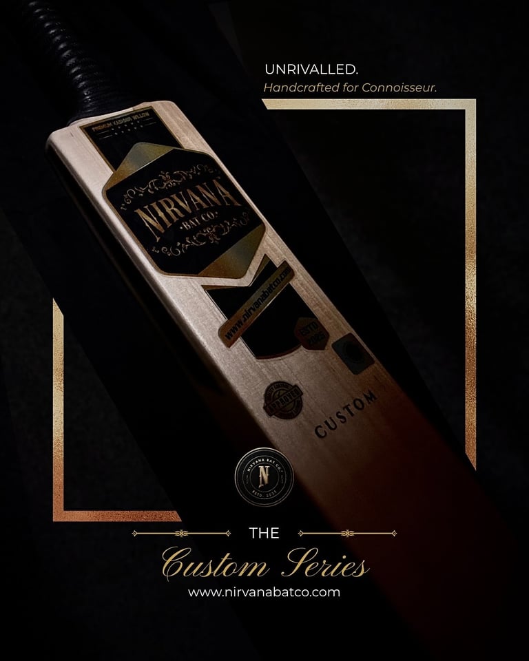 Hand-finished Nirvana cricket bat crafted in the Surat atelier.