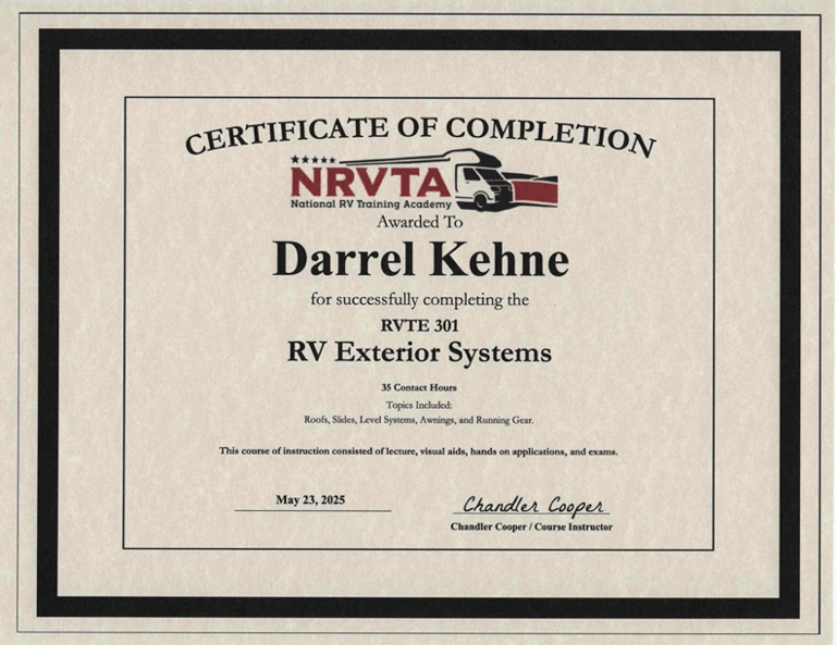 RV Exteriors certificate