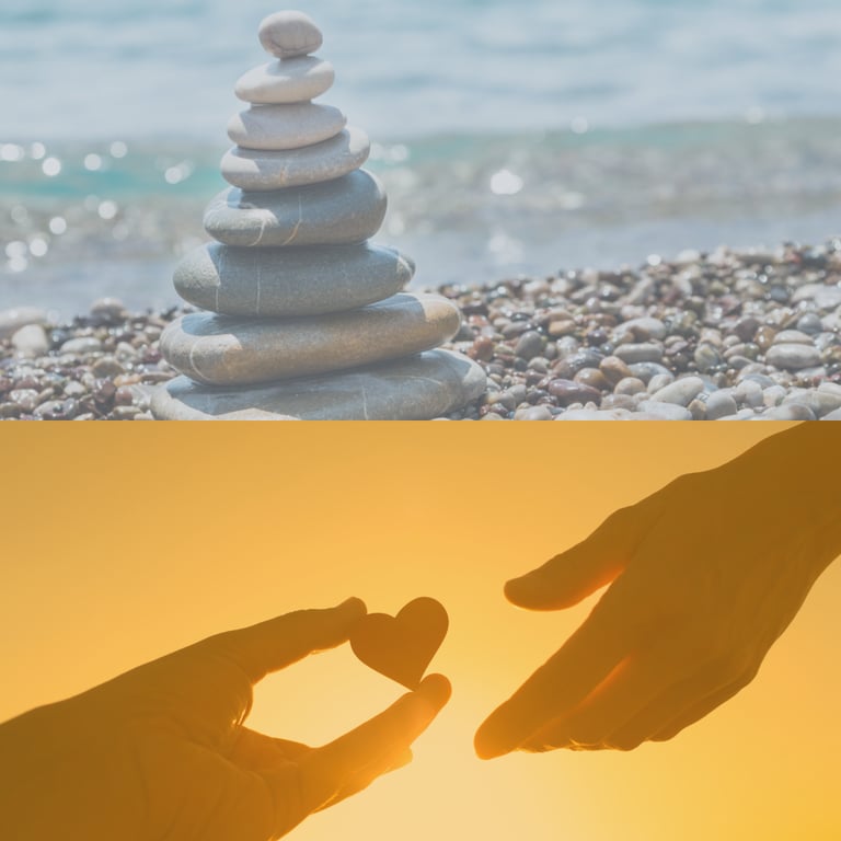 Image of stacked rocks and hands passing a small heart shape