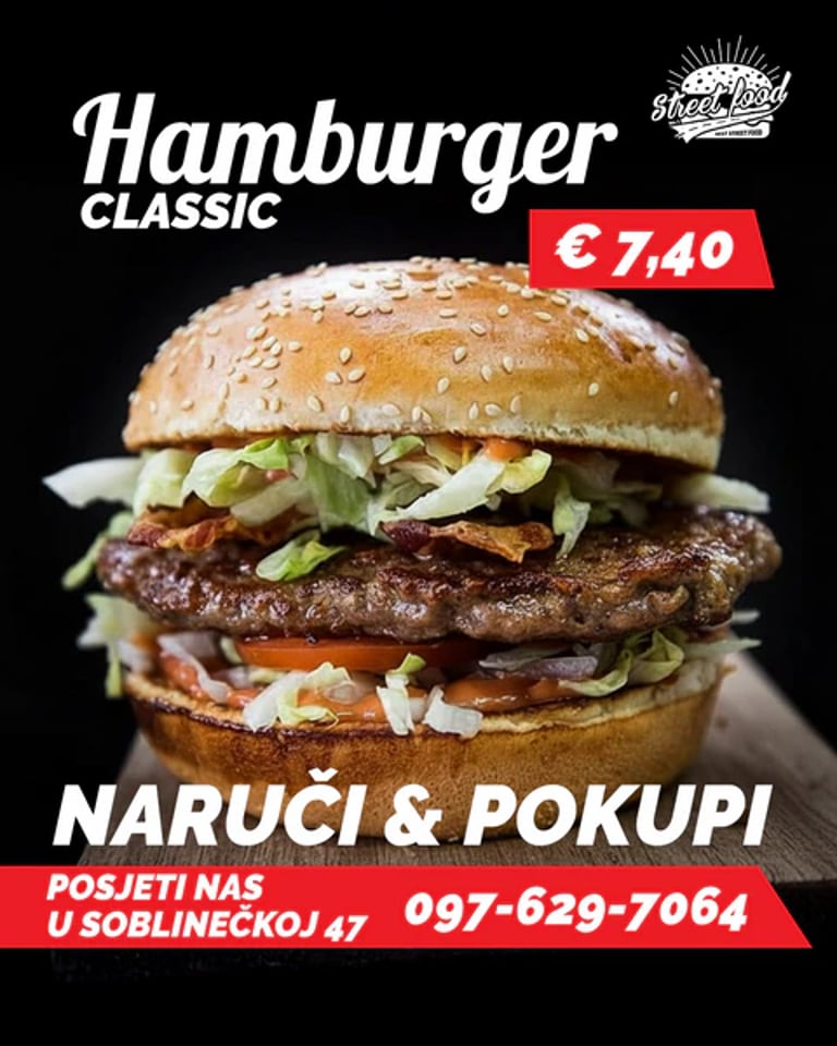 Vizual za društvene mreže s hamburgerom i grafičkim dizajnom fast food restorana