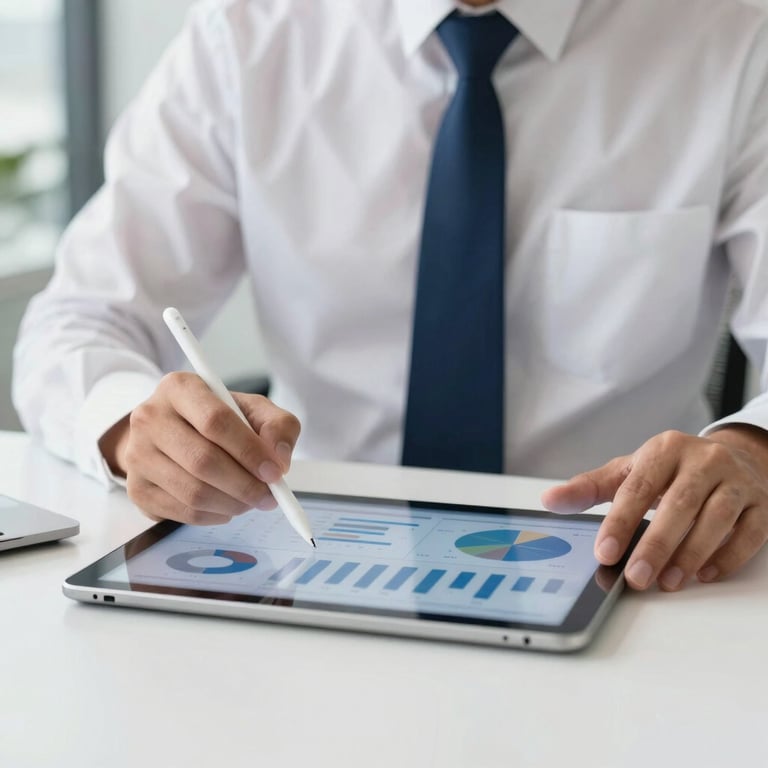 A business professional in a white shirt and navy tie using a stylus on a digital tablet to review data analytics in a modern Indonesian office. Clean, efficient, and technology-driven aesthetic.