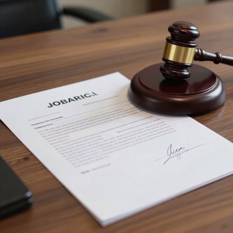 A close-up shot of a legal gavel and a signature on a professional financial agreement. The setting is a polished wooden desk in an Indonesian corporate legal department. Professional lighting, trustworthy vibe.