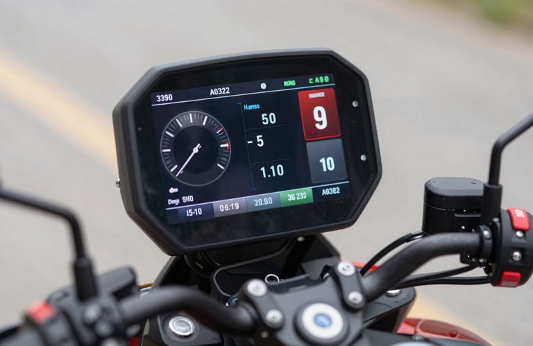 A high-tech digital diagnostic interface displaying a motorcycle's telemetry data. Clean, sharp, and structured aesthetic with #A03222 highlights.