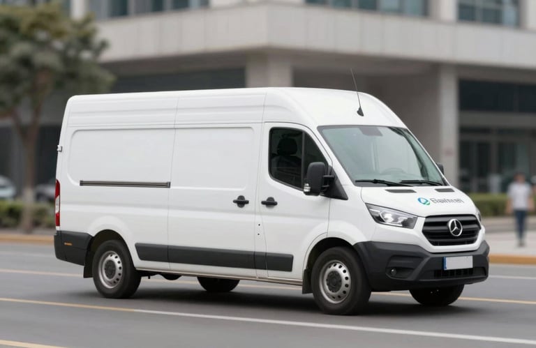 Iconic representation of a modern mobile service vehicle, clean white finish with professional branding, set against an urban backdrop. Minimalist and sharp style.