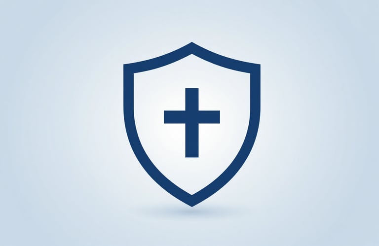 A stylized blue shield icon representing digital security and protection, designed with clean lines in #1D2D3E on a soft #A8C9D8 background.