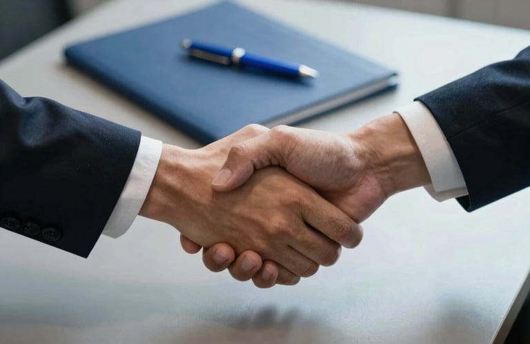 Close-up of a professional handshake between two people in a North American / US business setting. In the background, a midnight blue folder and a steel blue pen rest on a polished desk.