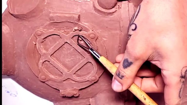 Close up of a hand holding a sculpting tool, carving a Mark 5 diving helmet out of clay.  This sculpture was a commission. 