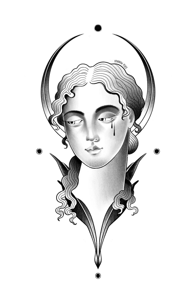 Neo-traditional woman face with m]the moon tattoo design