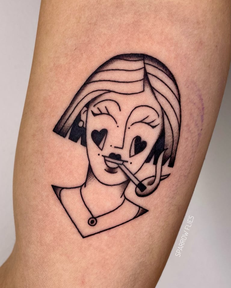 Old-school smiling lady with a cigarette tattoo design 