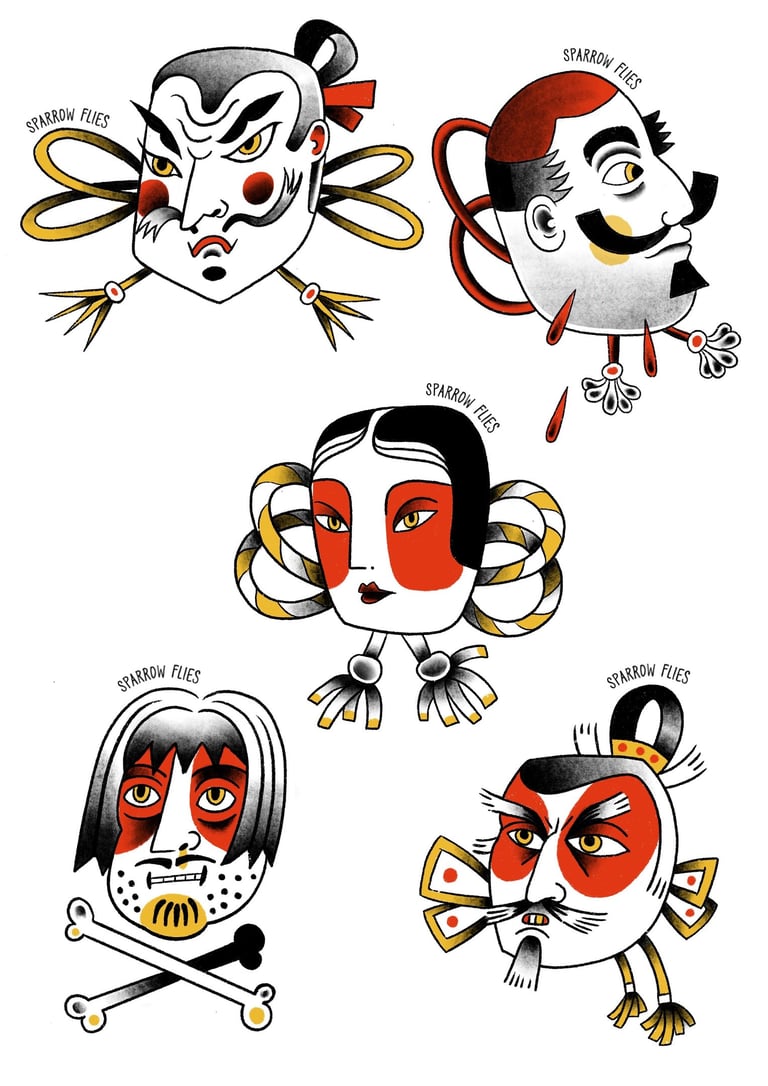 Old school japanese masks small tattoo with red and gold colors