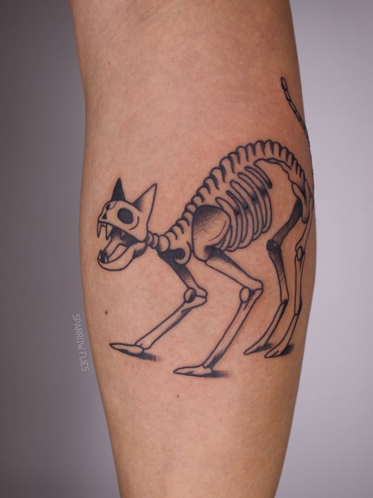 Angry cat skeleton tattoo in bold lines and soft shading
