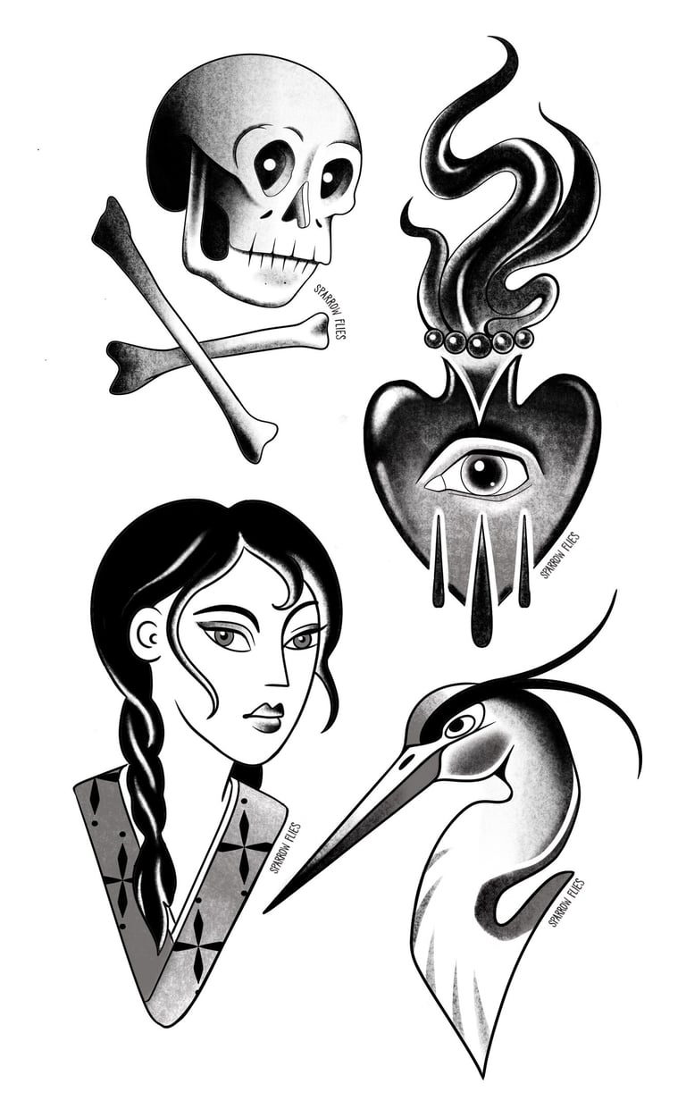 Available illustrative tattoo designs by Sparrow Flies